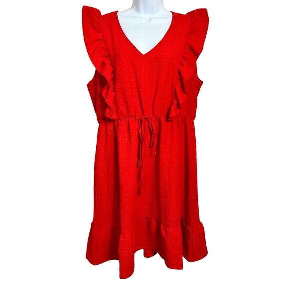 Shein Curve Red V-Neck Ruffled Dress Sz 1XL Sleeveless Elastic Waist Knee Length - Picture 7 of 8